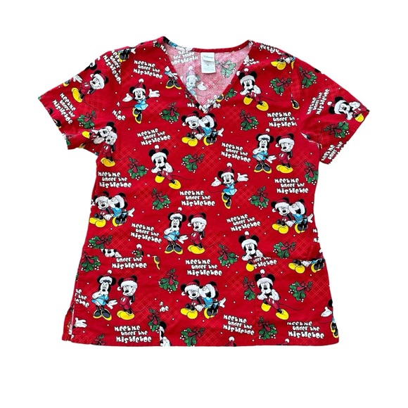 Disney Tops - Disney Mickey Minnie Mouse Christmas Scrub Top Women’s Size Medium Mistletoe